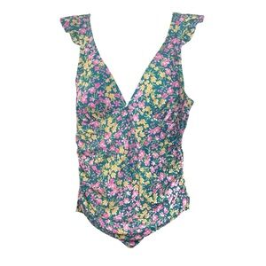 Kona Sol One Piece Swimsuit Women’s Size L Floral Ruffle Full Seat Coverage NEW